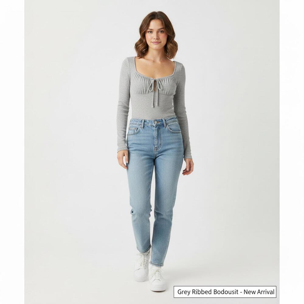 American Eagle Women's Grey Ribbed Long Sleeve Bodysuit